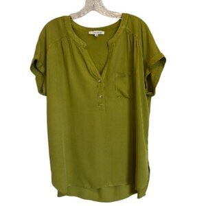 Rose + Olive V-Neck Pullover Tunic Top Blouse Women's XL Green High Low Hem